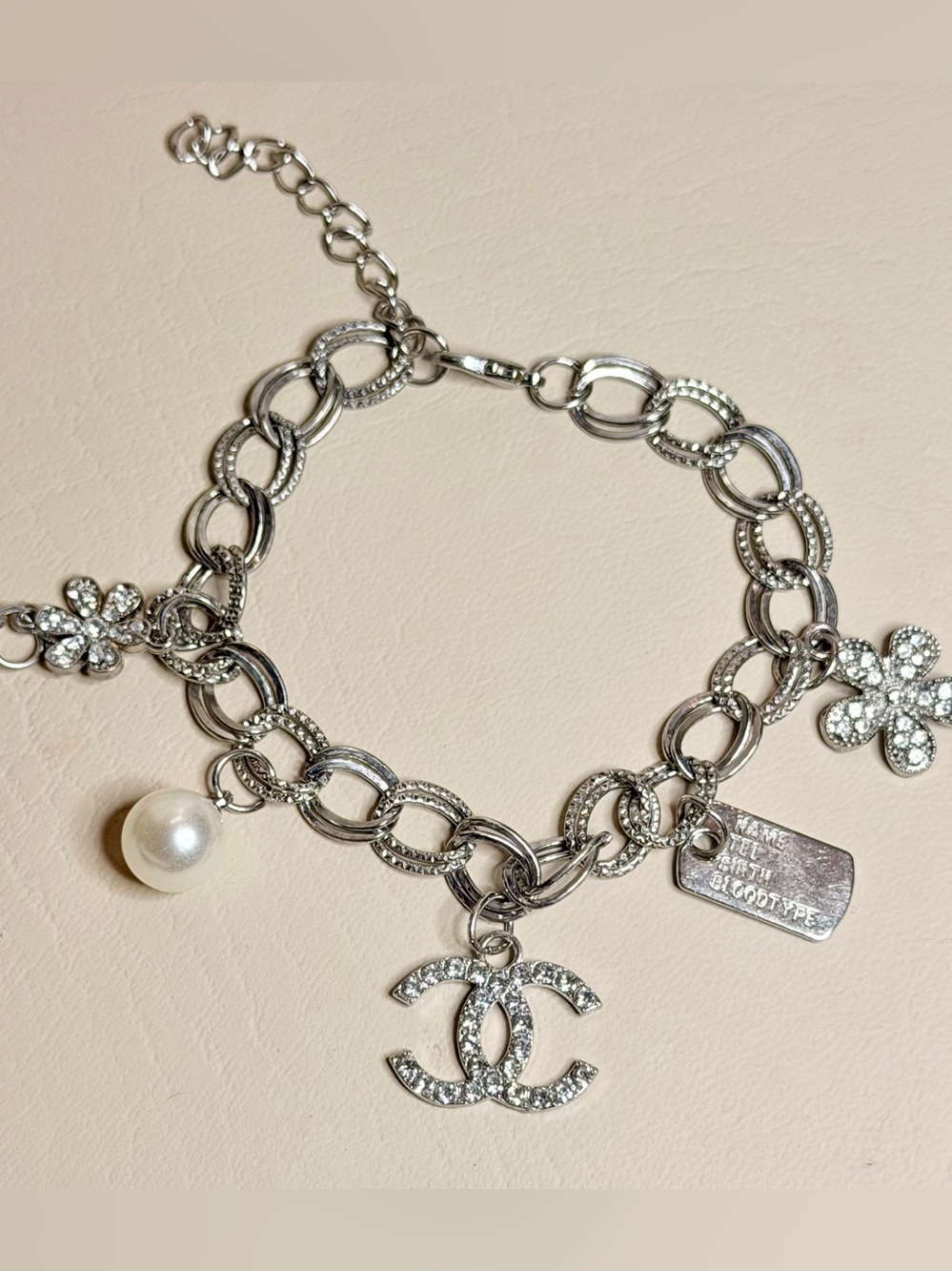 CC Silver Crystal Charm Bracelet with Pearl